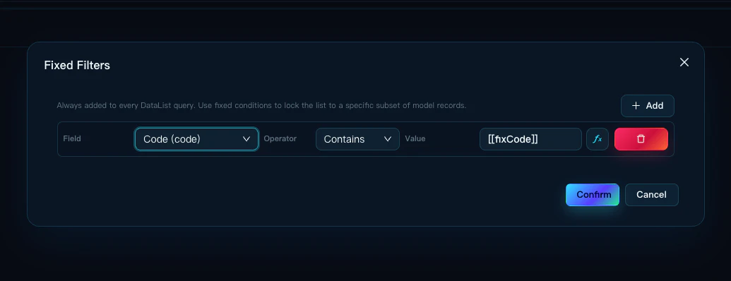 DataList Fixed Filters configuration