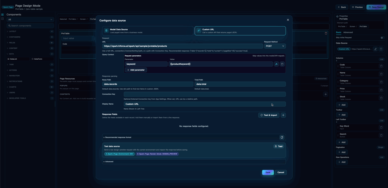 ProTable Custom URL Response Fields