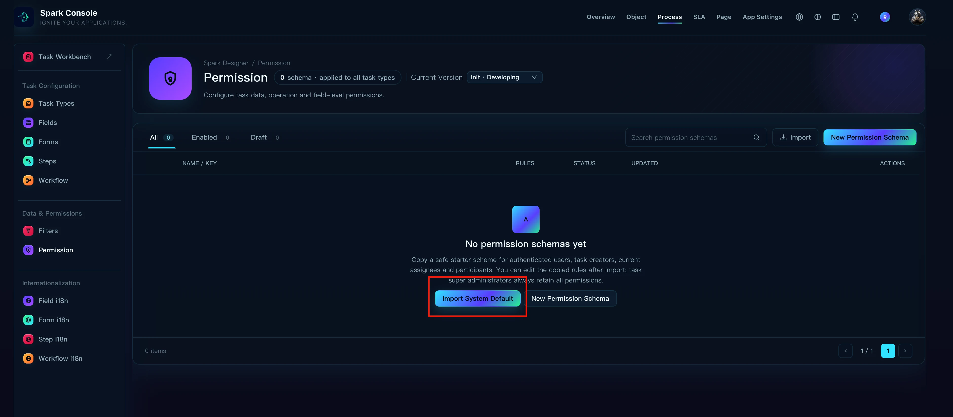 Import the system default permission schema