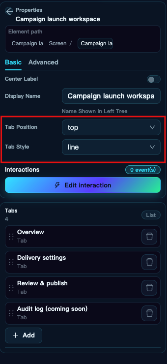 Tab container properties