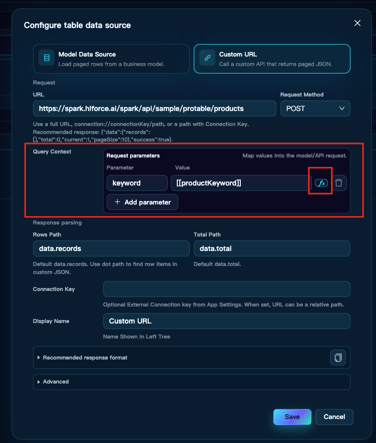 Configurer Query Context dans ProTable