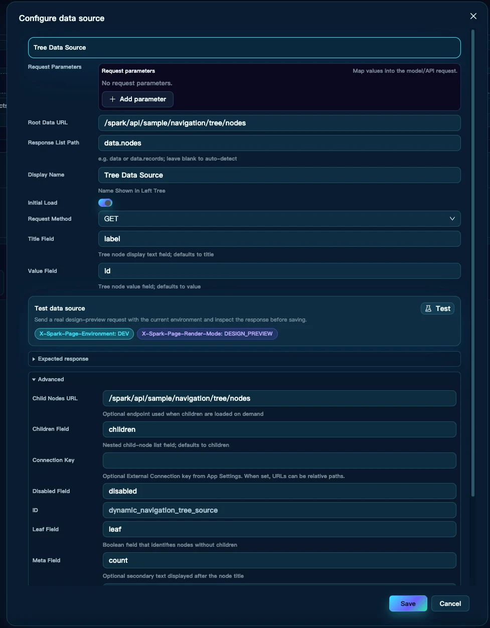 Tree Data Source の URL、レスポンスパス、フィールド対応